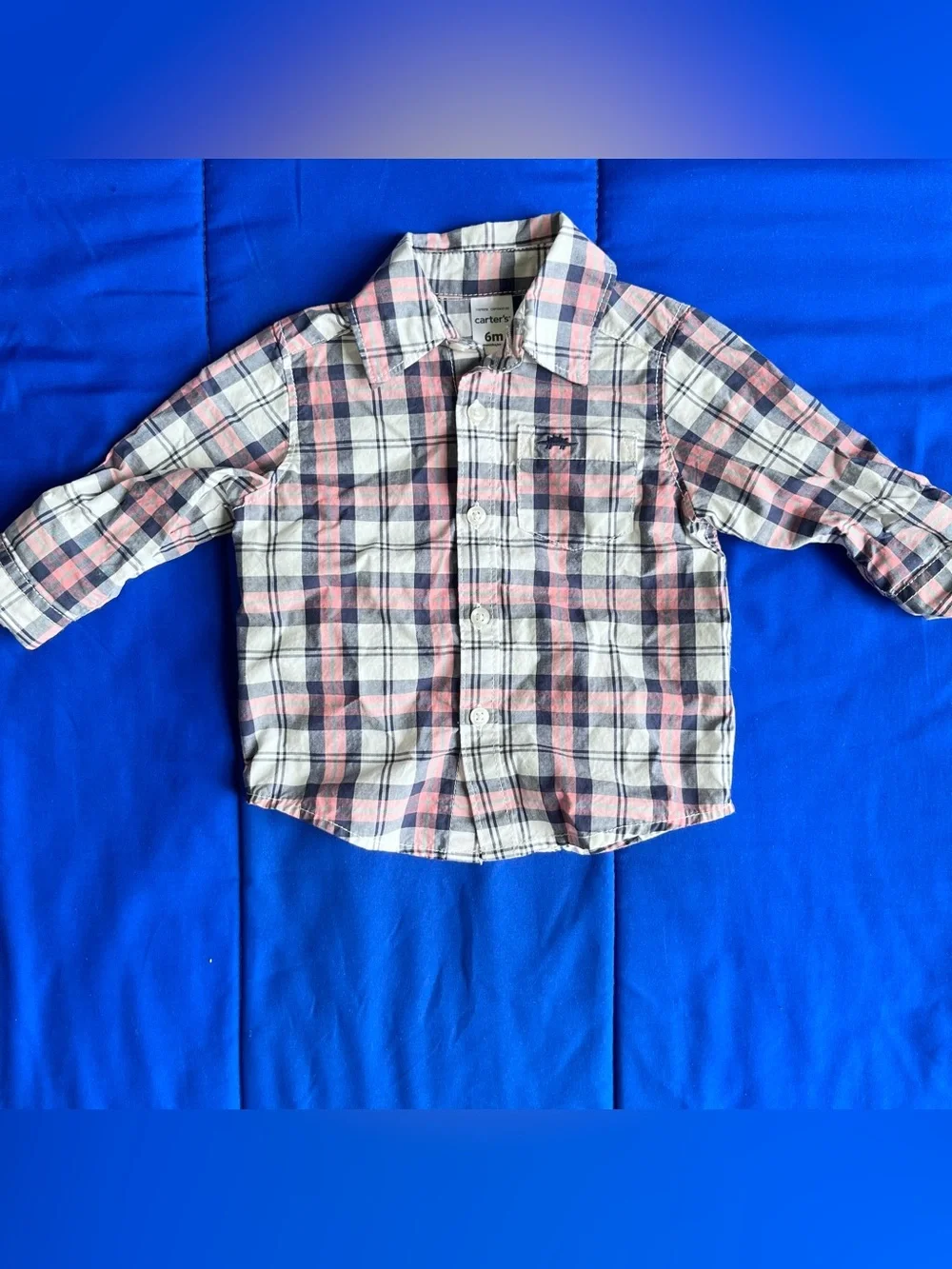 CARTER’S Baby Boy Pink Navy Blue Plaid Button Up Shirt Pants Outcit 6 Months